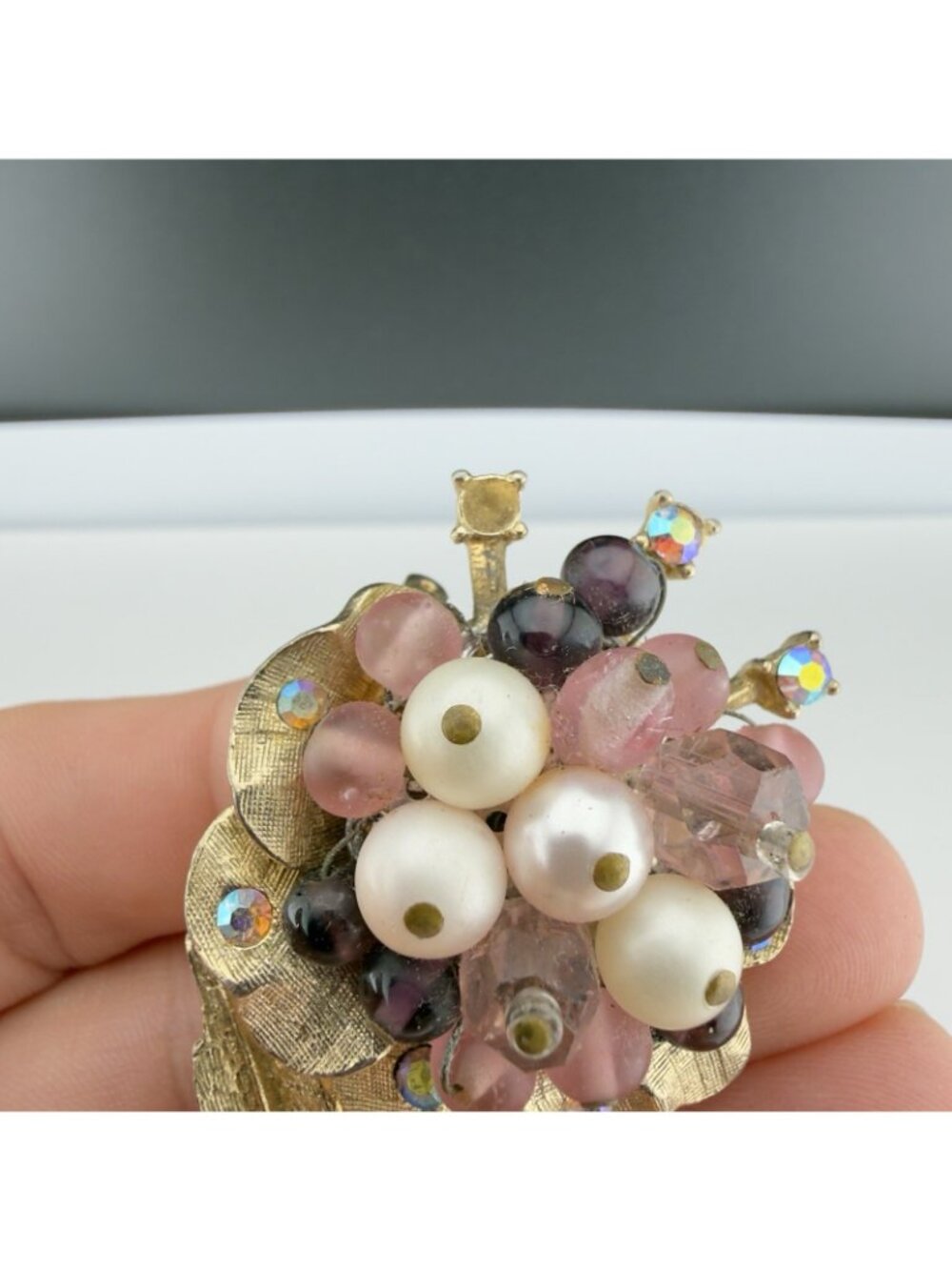 Vintage Coro Floral Brooch Rhinestone Faux Pearls AB Purple Bouquet Glass Bead - Picture 10 of 10